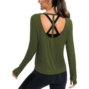 image:imageICTIVE Womens Long Sleeve Shirt Workout Running Athletic Yoga Gym Hiking Activewear Muscle Tops with Thumb HoleAmy Green
