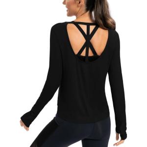 image:imageICTIVE Womens Long Sleeve Shirt Workout Running Athletic Yoga Gym Hiking Activewear Muscle Tops with Thumb HoleBlack