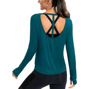 image:imageICTIVE Womens Long Sleeve Shirt Workout Running Athletic Yoga Gym Hiking Activewear Muscle Tops with Thumb HoleBlack Green