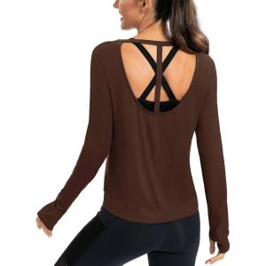 image:imageICTIVE Womens Long Sleeve Shirt Workout Running Athletic Yoga Gym Hiking Activewear Muscle Tops with Thumb HoleCoffee
