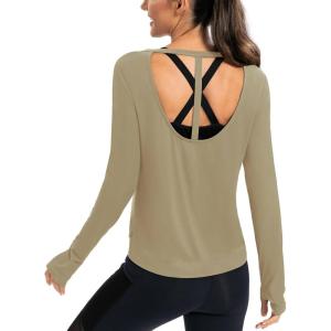 image:imageICTIVE Womens Long Sleeve Shirt Workout Running Athletic Yoga Gym Hiking Activewear Muscle Tops with Thumb HoleDark Brown