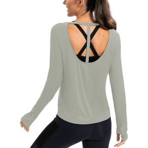 image:imageICTIVE Womens Long Sleeve Shirt Workout Running Athletic Yoga Gym Hiking Activewear Muscle Tops with Thumb HoleLight Gray