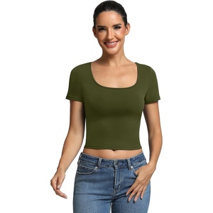 image:imageICTIVE Womens Short Sleeve T Shirts Casual Summer Basic Scoop Neck Slim Fit Work TopsArmy Green
