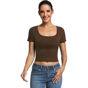 image:imageICTIVE Womens Short Sleeve T Shirts Casual Summer Basic Scoop Neck Slim Fit Work TopsCoffee