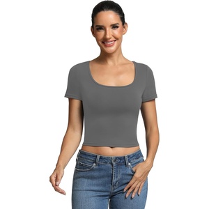 image:imageICTIVE Womens Short Sleeve T Shirts Casual Summer Basic Scoop Neck Slim Fit Work TopsGrey