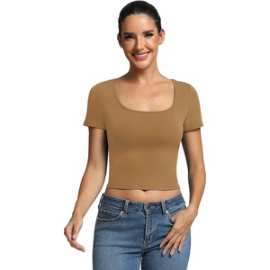 image:imageICTIVE Womens Short Sleeve T Shirts Casual Summer Basic Scoop Neck Slim Fit Work TopsKhaki